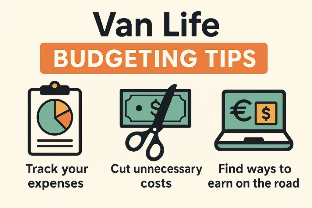 Infographic titled 'Van Life Budgeting' showing a breakdown of typical monthly expenses for van life, including fuel, groceries, campsites, insurance, maintenance, and mobile data, all arranged around a minimalist van illustration on a light background
