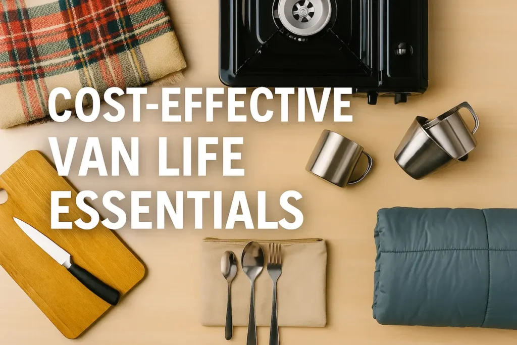 A flat lay photograph showcases budget-friendly van life essentials including compact cookware, thrifted bedding, collapsible storage bins, and a portable USB fan, arranged neatly on a wooden surface.