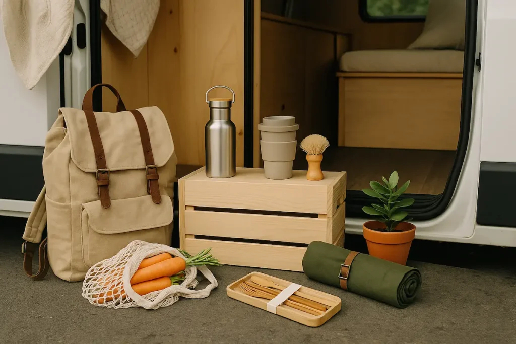 A photograph displays eco-friendly and minimalist van life gear, including reusable containers, solar-powered lights, and compact multi-purpose tools arranged neatly on a wooden surface.