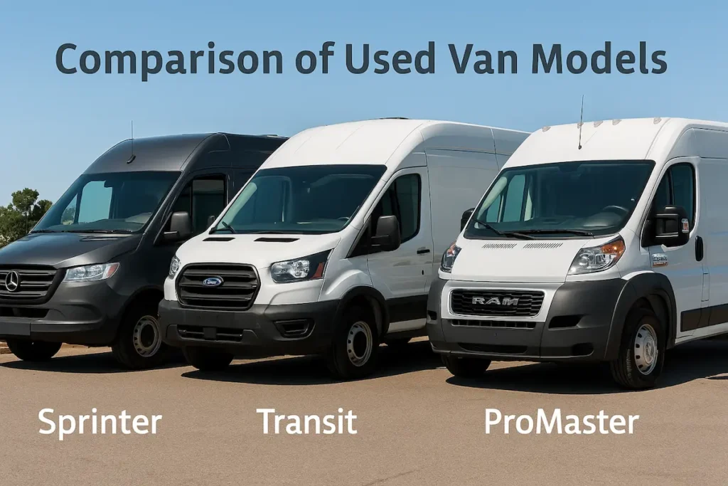 A comparison image of three used camper van models—Mercedes Sprinter, Ford Transit, and Ram Promaster—parked side by side in an outdoor setting, highlighting size and design differences to help buyers visually compare options.