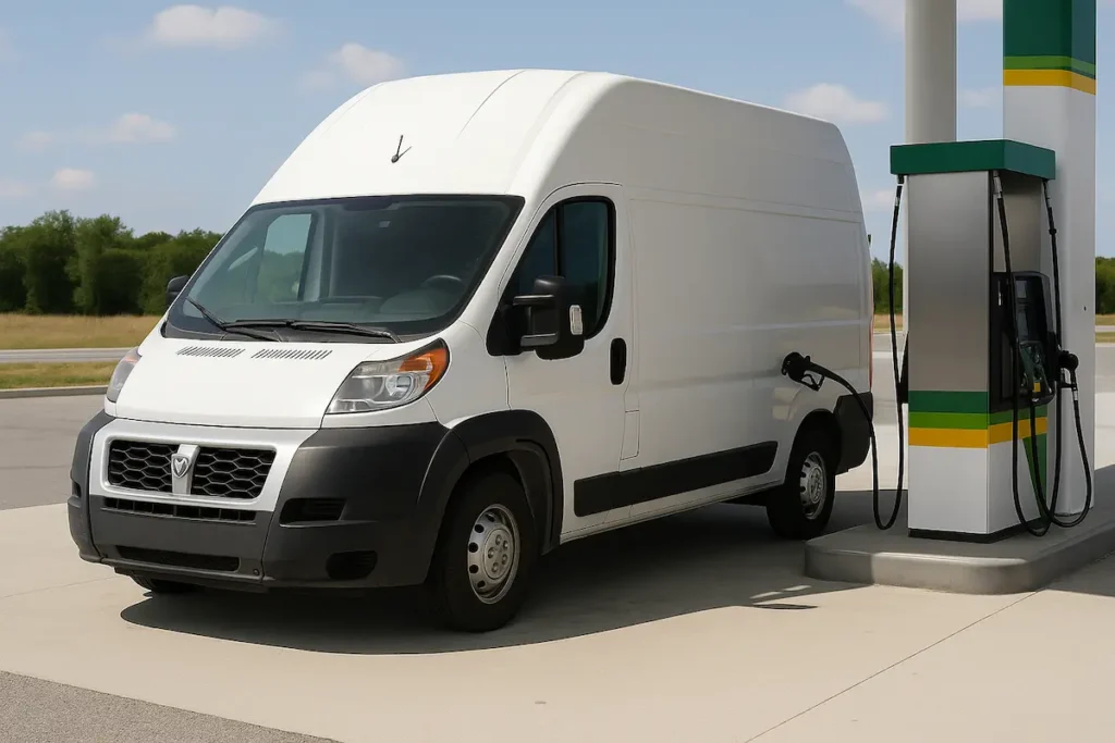 A white high-roof camper van parked at a fuel station, with fuel pumps and signage visible in the background, representing fuel efficiency and transportation in van life