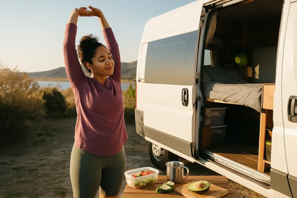 A young woman with light brown hair is doing yoga on a mat outside her camper van, which is parked with its back doors open near a forested area. A kettle and cooking gear are visible beside her, emphasizing a healthy, balanced van life routine
