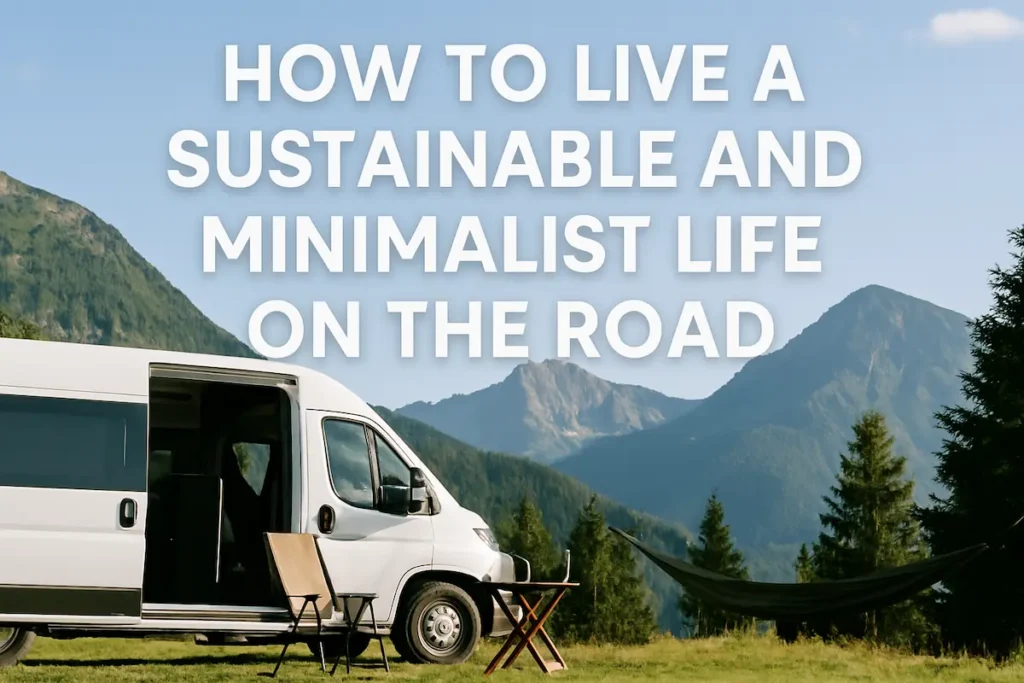 A serene digital photograph with overlaid text reading "How to live a sustainable and minimalist life on the road," featuring a camper van parked in a peaceful natural setting with mountains and trees in the background, conveying themes of eco-conscious travel and simple living.