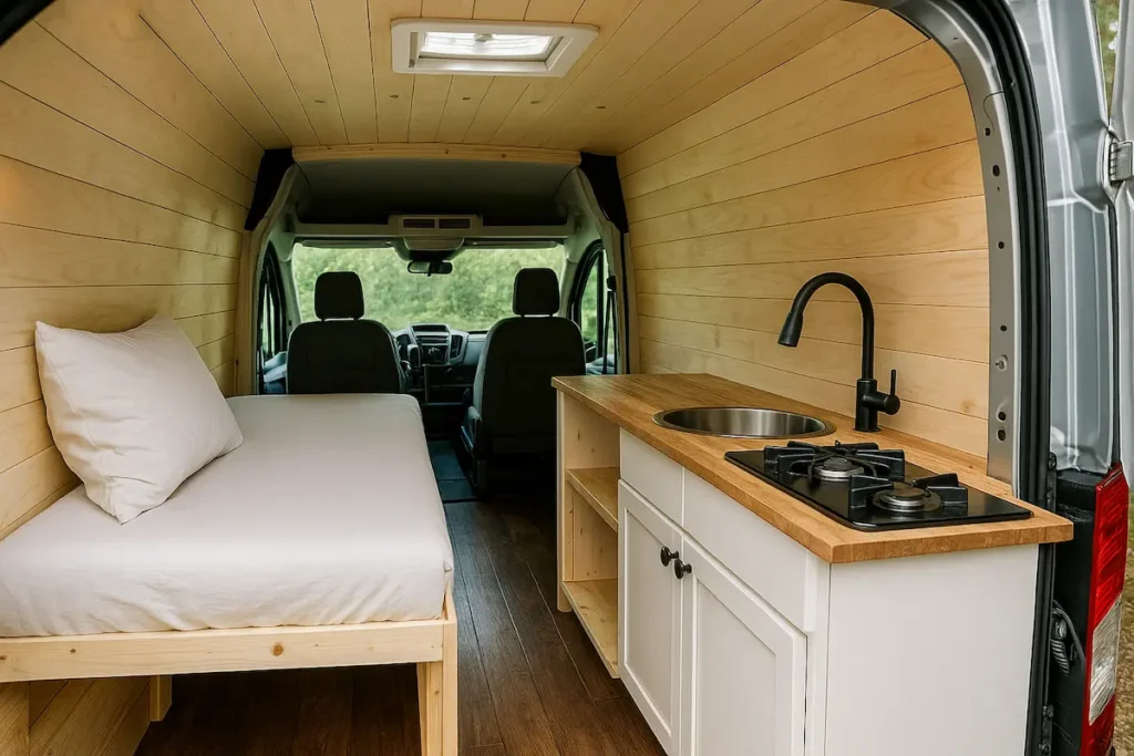 A high-resolution photograph showing the interior of a budget camper van conversion, with simple wooden shelving, a compact bed setup, and cooking supplies, highlighting affordable DIY van life living.