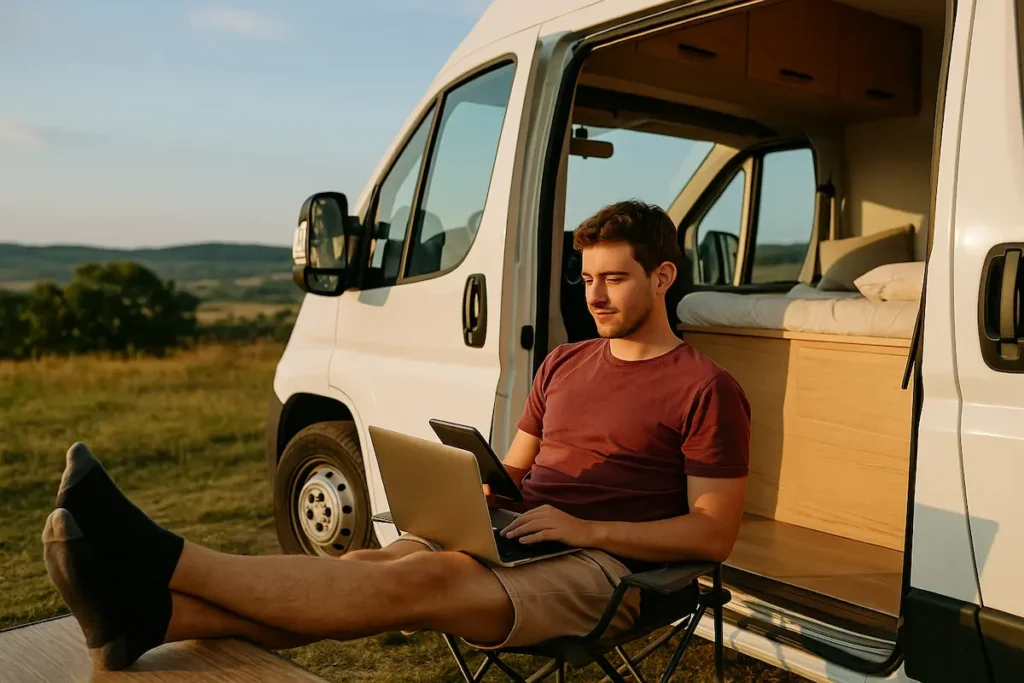 A young man is sitting inside a camper van using a laptop and wearing headphones, with a mobile hotspot device placed on the table next to him, representing staying connected and entertained while living on the road.