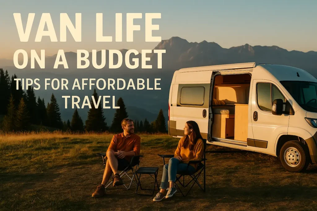 A promotional photograph for a blog post titled 'Van Life on a Budget: Tips for Affordable Travel,' showing a scenic sunset view with a camper van parked by a lake, surrounded by mountains and trees, symbolizing affordable adventure.