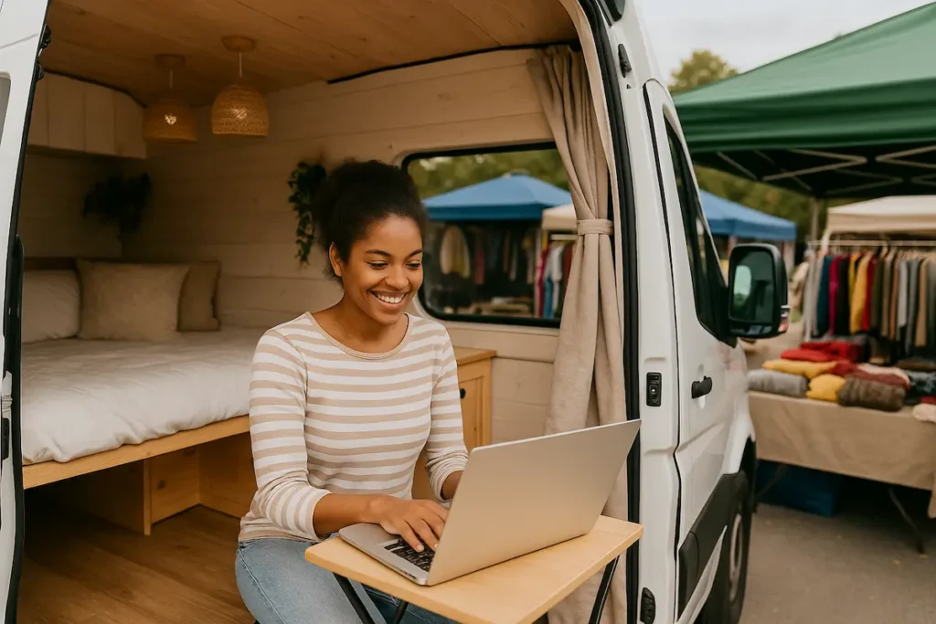 A young woman with medium brown skin and curly hair sits inside her camper van, working on a laptop at a fold-out table with sunlight streaming through the window, illustrating remote work on the road