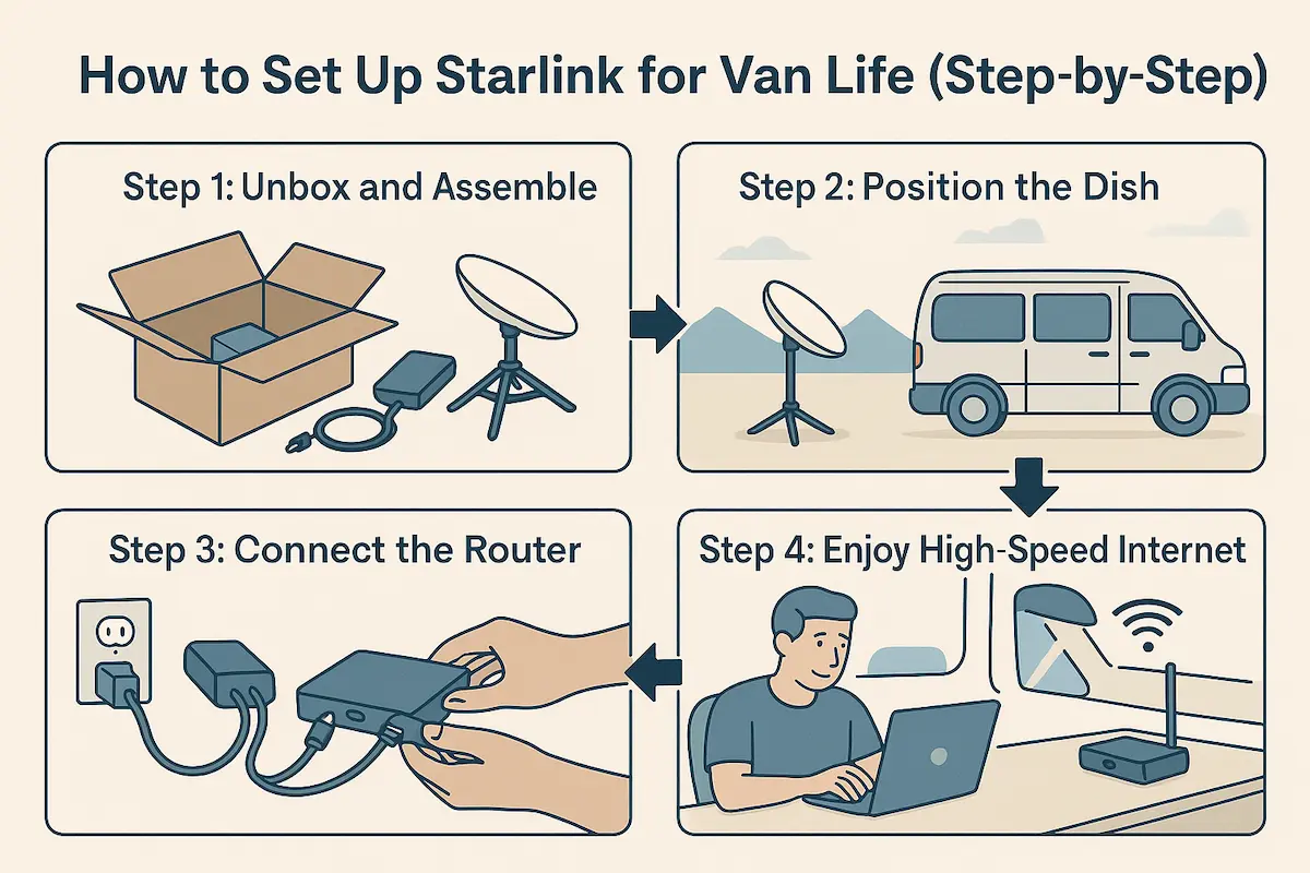 Step-by-step infographic showing how to set up Starlink for van life, including unboxing, positioning the dish, connecting to power, using the Starlink app, and getting online.